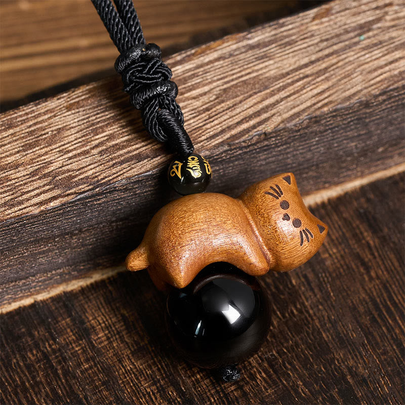 Buddha Stones Sandalwood Cat Black Obsidian Bead Om Mani Padme Hum Bead Protection Rope Necklace - image 1