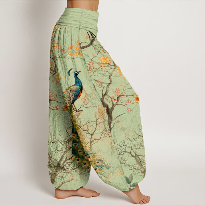 Buddha Stones Cotton Peacock Floral Branch Pattern Women's Elastic Waist Harem Pants - image 6