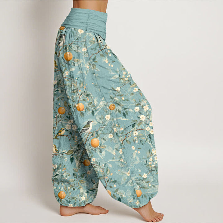 Buddha Stones Cotton Bird Orange Blossom Pattern Women's Elastic Waist Harem Pants - image 2