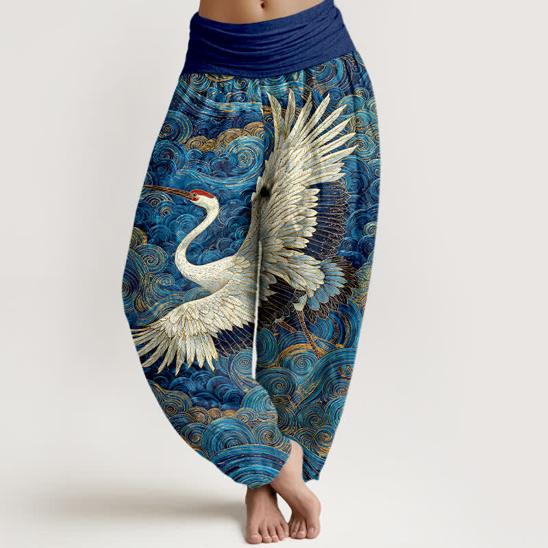 Buddha Stones Cotton White Crane Wave Pattern Women's Elastic Waist Harem Pants - RoyalBlue - US16，UK/AU20，EU48 (3XL) - image 0