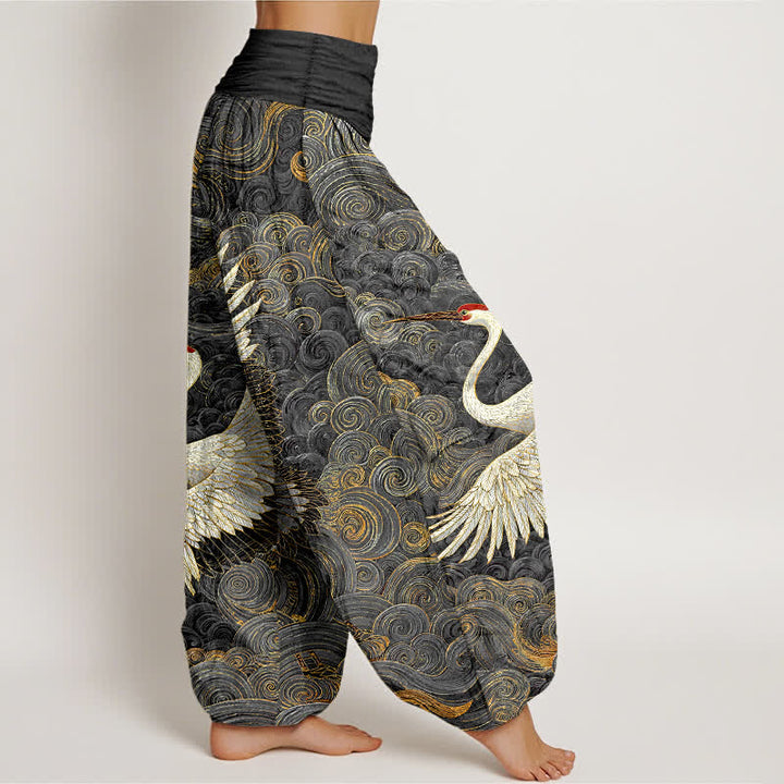 Buddha Stones Cotton White Crane Wave Pattern Women's Elastic Waist Harem Pants - image 10