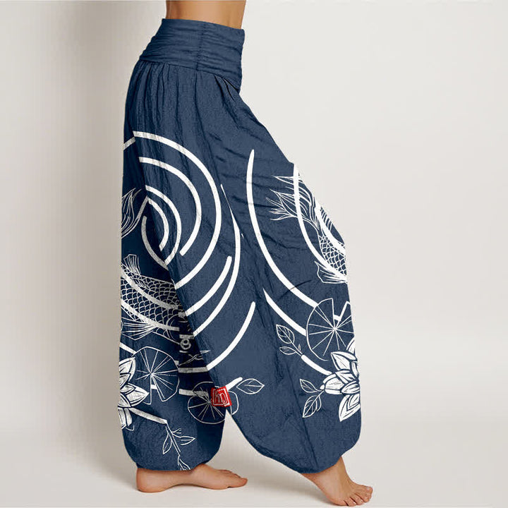 Buddha Stones Cotton Koi Fish Lotus Pattern Women's Elastic Waist Harem Pants - image 2