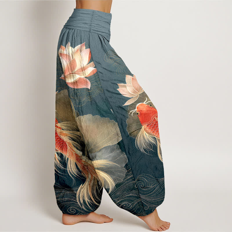 Buddha Stones Cotton Elegant Golden Koi Fish Lotus Pattern Women's Elastic Waist Harem Pants - image 2