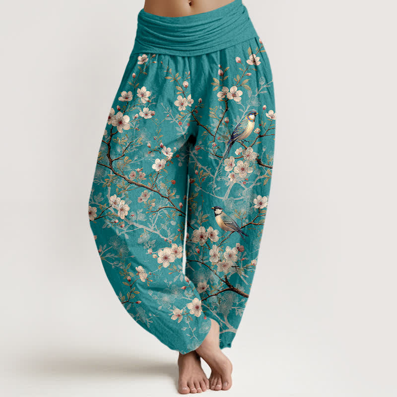 Buddha Stones Cotton Bird Blossom Branch Pattern Women's Elastic Waist Harem Pants - LightSeaGreen - US16，UK/AU20，EU48 (3XL) - image 0