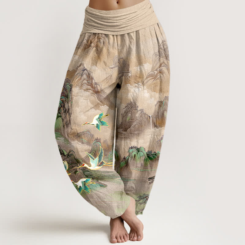 Buddha Stones Cotton Oriental Landscape Red-crowned Crane Pattern Women's Elastic Waist Harem Pants - Tan - US16，UK/AU20，EU48 (3XL) - image 5