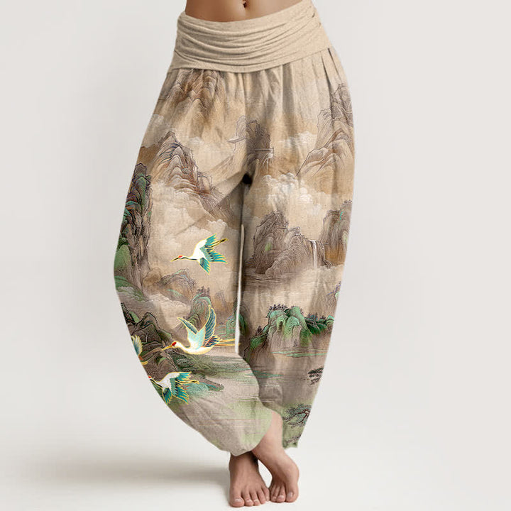 Buddha Stones Cotton Oriental Landscape Red-crowned Crane Pattern Women's Elastic Waist Harem Pants - Tan - US16，UK/AU20，EU48 (3XL) - image 5