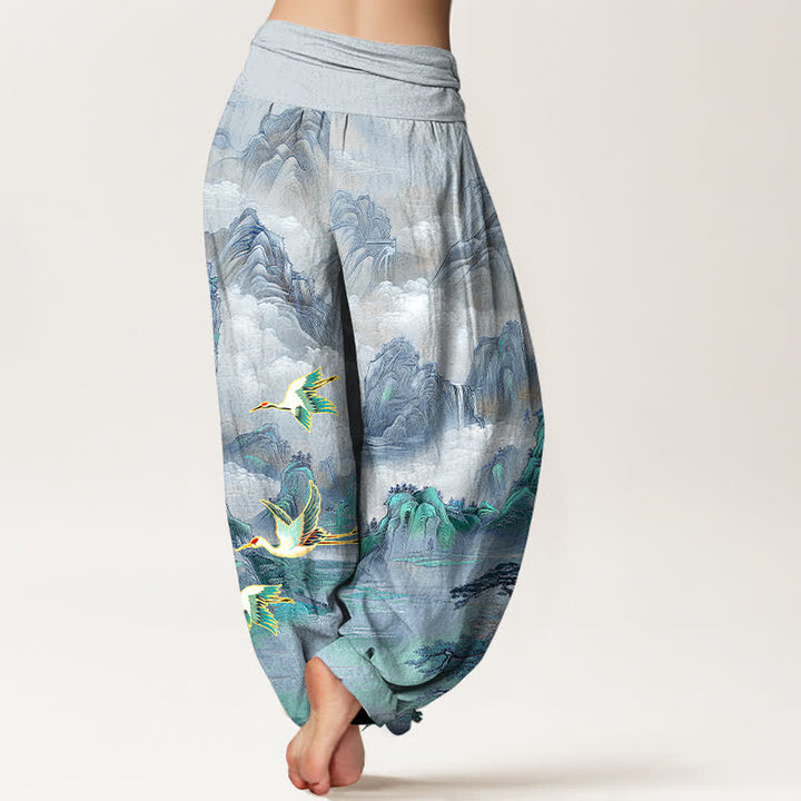 Buddha Stones Cotton Oriental Landscape Red-crowned Crane Pattern Women's Elastic Waist Harem Pants - image 9
