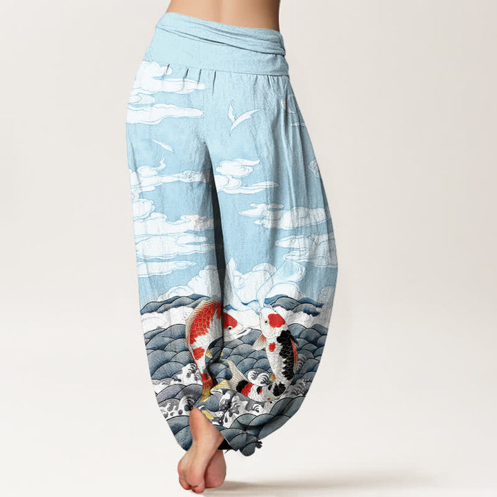 Buddha Stones Cotton Koi Fish Wave Cloud Pattern Women's Elastic Waist Harem Pants - image 1
