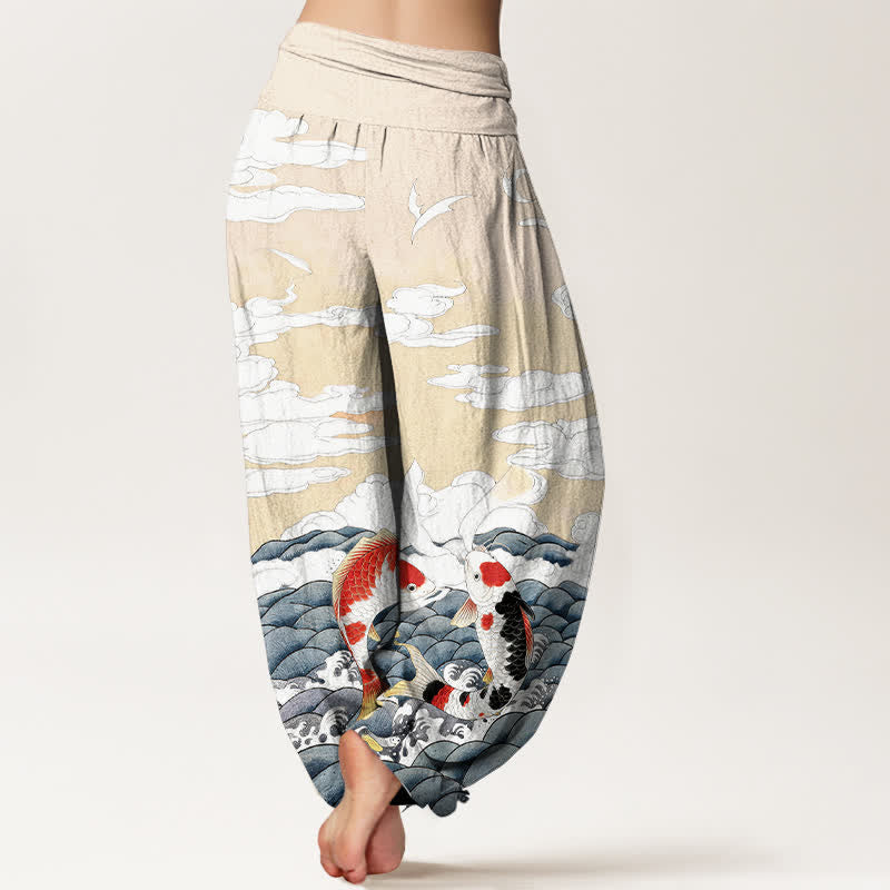 Buddha Stones Cotton Koi Fish Wave Cloud Pattern Women's Elastic Waist Harem Pants - image 9