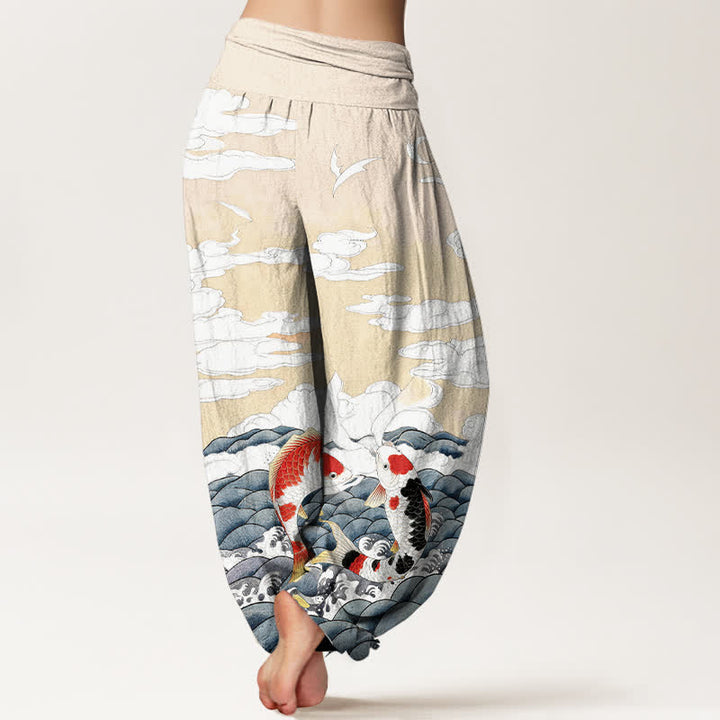 Buddha Stones Cotton Koi Fish Wave Cloud Pattern Women's Elastic Waist Harem Pants - image 9