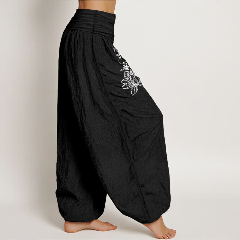 Buddha Stones Pure Cotton Lotus Moon Sun Pattern Women's Elastic Waist Harem Pants - image 1