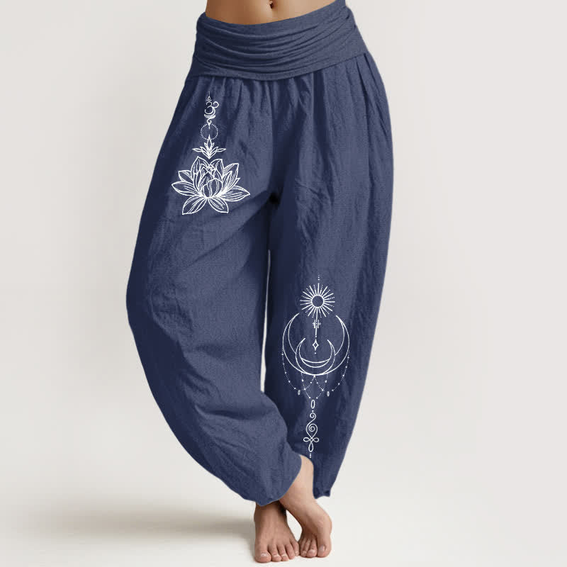 Buddha Stones Pure Cotton Lotus Moon Sun Pattern Women's Elastic Waist Harem Pants - DarkSlateBlue - US16，UK/AU20，EU48 (3XL) - image 5