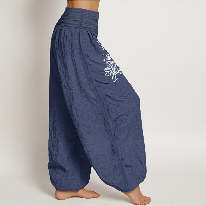 Buddha Stones Pure Cotton Lotus Moon Sun Pattern Women's Elastic Waist Harem Pants - image 6