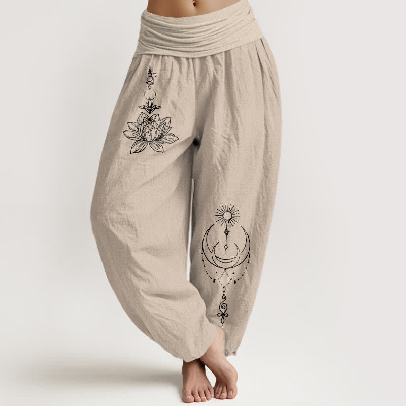 Buddha Stones Pure Cotton Lotus Moon Sun Pattern Women's Elastic Waist Harem Pants - Tan - US16，UK/AU20，EU48 (3XL) - image 14