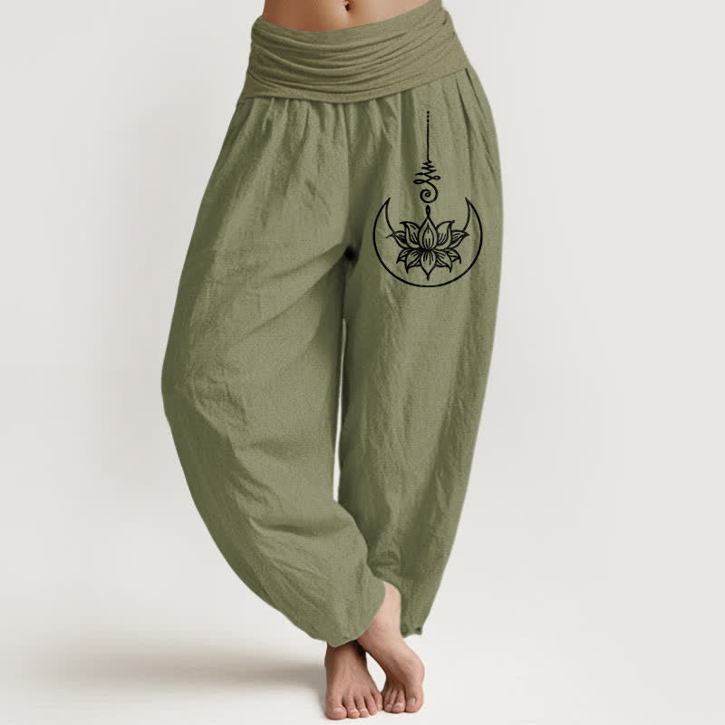 Buddha Stones Pure Cotton Sacred Lotus Moon Pattern Women's Elastic Waist Harem Pants - OliveDrab - US16，UK/AU20，EU48 (3XL) - image 11