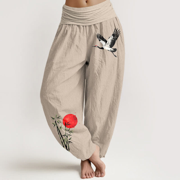 Buddha Stones Pure Cotton Flying Crane Red Sun Pattern Women's Elastic Waist Harem Pants - Tan - US16，UK/AU20，EU48 (3XL) - image 0