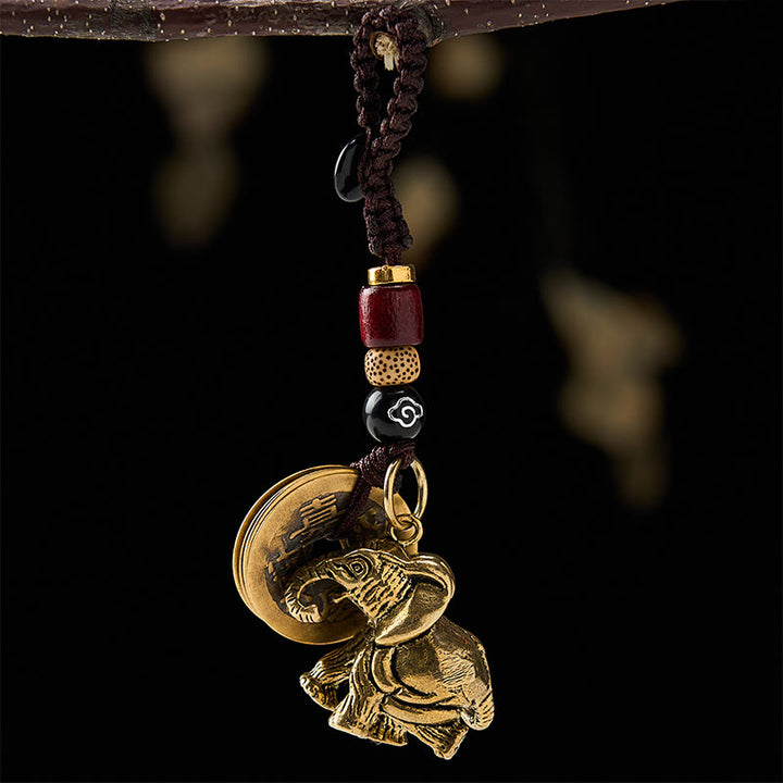 Buddha Stones Vintage Brass Elephant Five Emperor Coins Luck Keychains - Elephant With Auspicious Cloud Cord And Five Emperor Coins - image 10