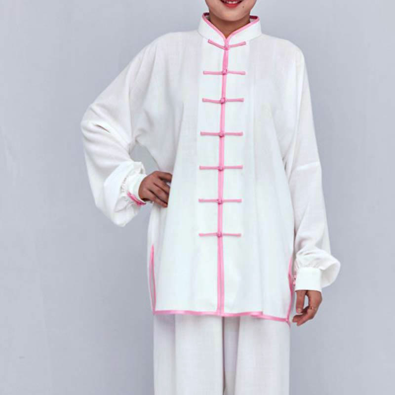 Buddha Stones Meditation Zen Prayer Spiritual Tai Chi Qigong Practice Unisex Embroidery Clothing Set - White + Pink Edge Long Sleeve - US12，UK/AU16，EU44 (2XL) - image 10