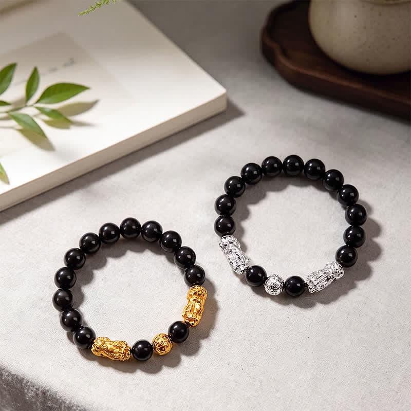 Buddha Stones Black Obsidian Copper Double Pi Xiu Om Mani Padme Hum Wisdom Bracelet - image 15