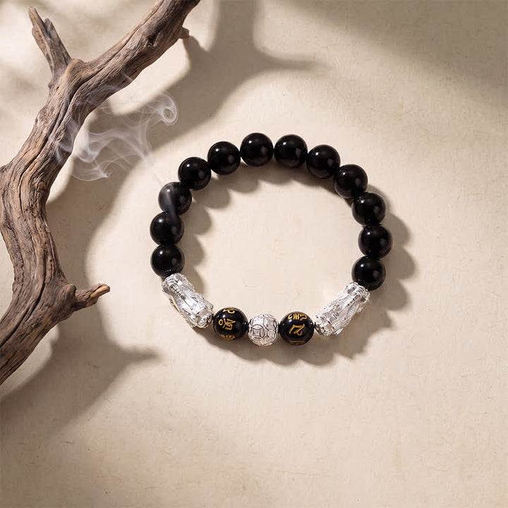 Buddha Stones Black Obsidian Copper Double Pi Xiu Om Mani Padme Hum Wisdom Bracelet - image 10