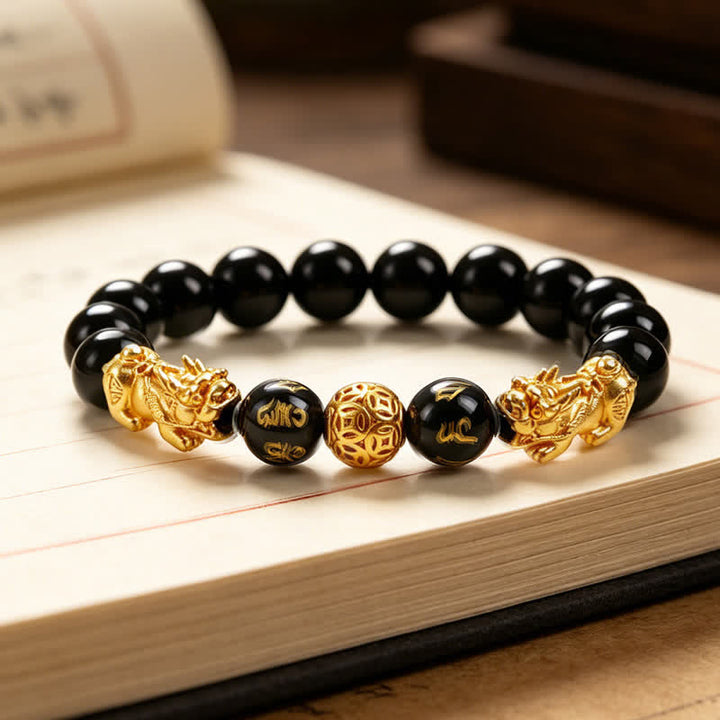 Buddha Stones Black Obsidian Copper Double Pi Xiu Om Mani Padme Hum Wisdom Bracelet - Golden - image 0
