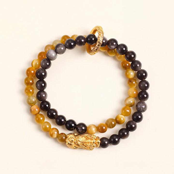 Buddha Stones Tiger Eye Silver Sheen Obsidian Pi Xiu Double Wrap Auspicioisness Bracelet - image 1