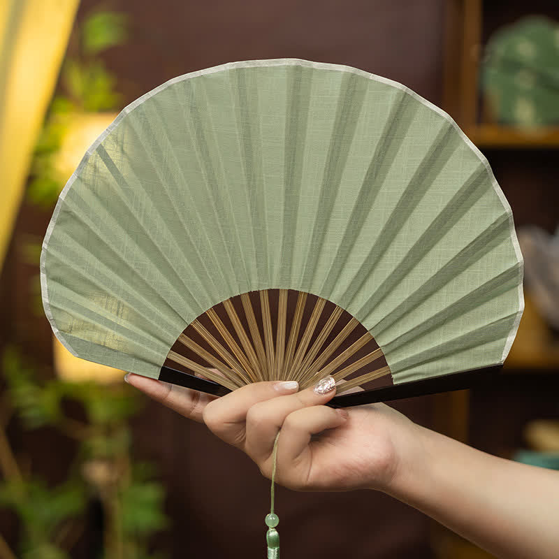 Buddha Stones Bamboo Folding Plain Fan with Tassel - Green(Complimentary Tassel) - image 0