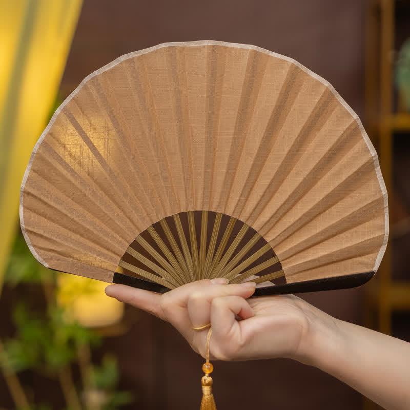 Buddha Stones Bamboo Folding Plain Fan with Tassel - Khaki(Complimentary Tassel) - image 3