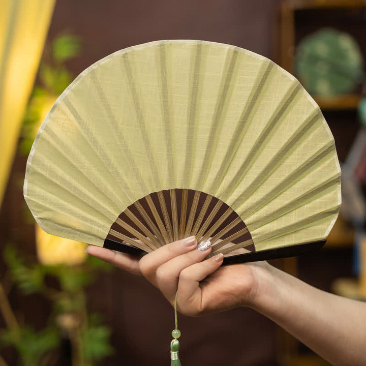 Buddha Stones Bamboo Folding Plain Fan with Tassel - Yellow Green(Complimentary Tassel) - image 2