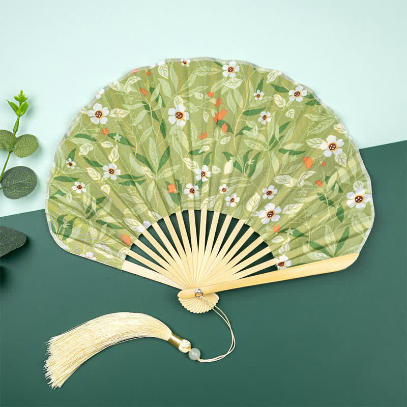 Buddha Stones Bamboo Floral Fruit Print Tassel Folding Fan - White Flowers With Green Leaves(Complimentary Tassel) - image 3