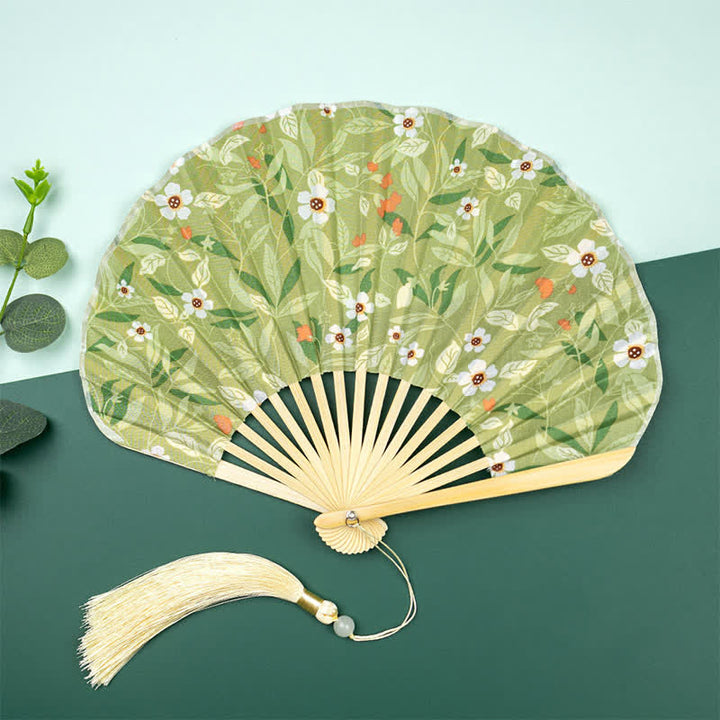 Buddha Stones Bamboo Floral Fruit Print Tassel Folding Fan - White Flowers With Green Leaves(Complimentary Tassel) - image 3