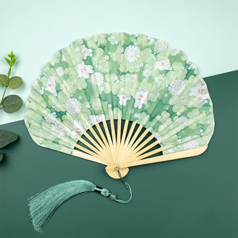 Buddha Stones Bamboo Floral Fruit Print Tassel Folding Fan - Four-Leaf Clover Rabbit(Complimentary Tassel) - image 2