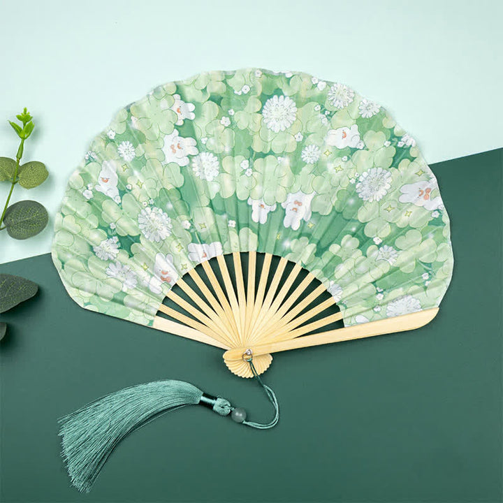 Buddha Stones Bamboo Floral Fruit Print Tassel Folding Fan - Four-Leaf Clover Rabbit(Complimentary Tassel) - image 2