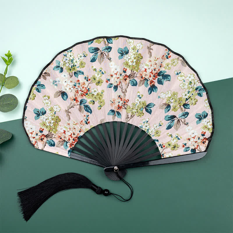 Buddha Stones Bamboo Floral Fruit Print Tassel Folding Fan - Begonia Flowers(Complimentary Tassel) - image 8