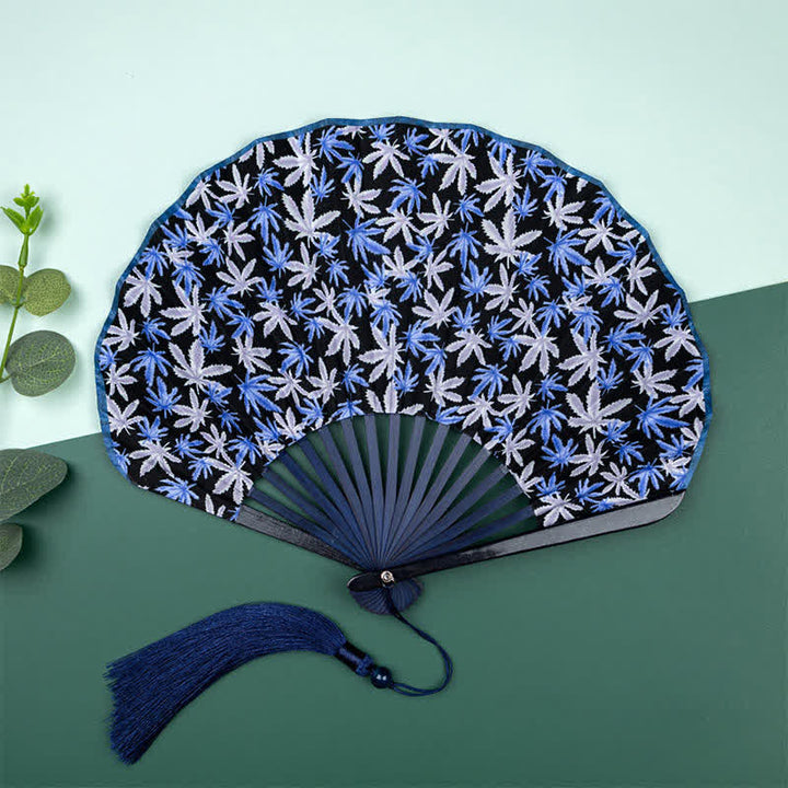 Buddha Stones Bamboo Floral Fruit Print Tassel Folding Fan - Blue Maple Leaves(Complimentary Tassel) - image 1