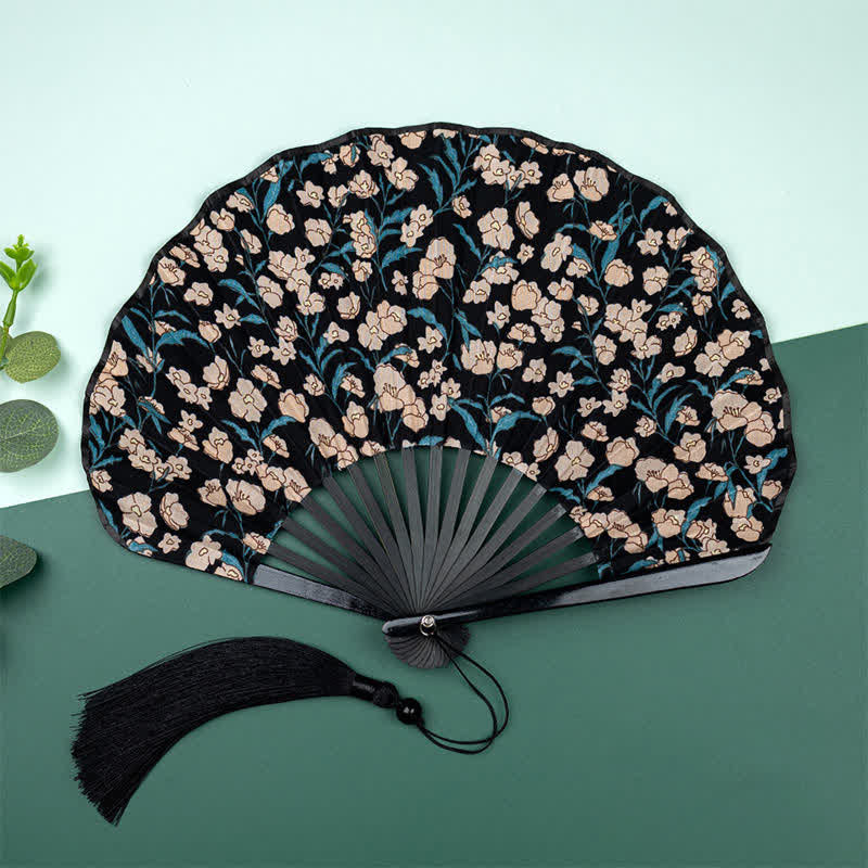 Buddha Stones Bamboo Floral Fruit Print Tassel Folding Fan - Pink Flowers(Complimentary Tassel) - image 9