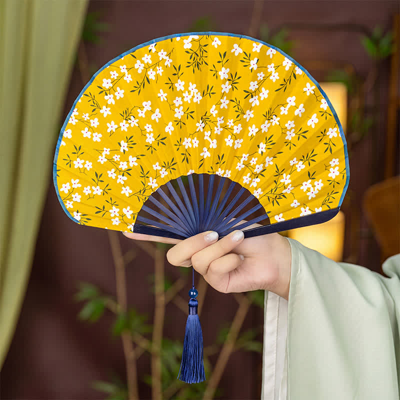Buddha Stones Bamboo Floral Fruit Print Tassel Folding Fan - White Flowers(Complimentary Tassel) - image 11