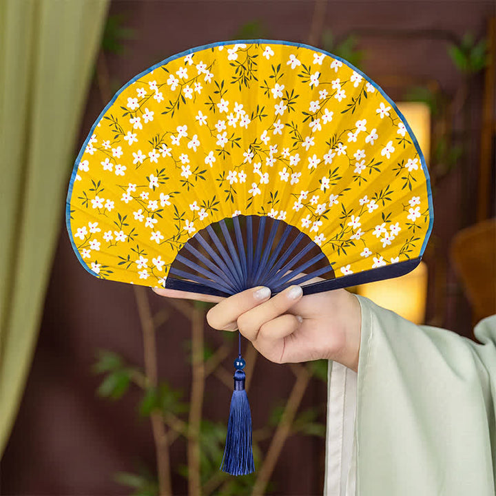 Buddha Stones Bamboo Floral Fruit Print Tassel Folding Fan - White Flowers(Complimentary Tassel) - image 11