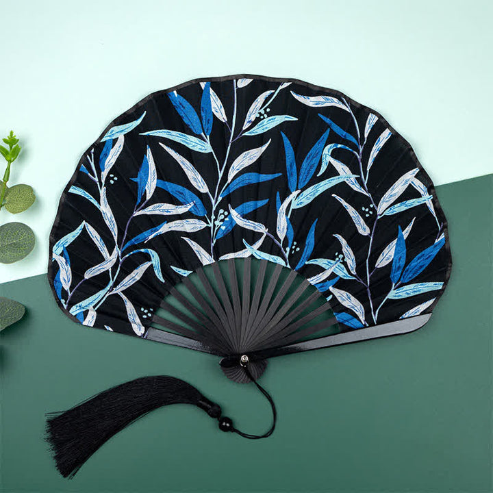 Buddha Stones Bamboo Floral Fruit Print Tassel Folding Fan - Blue Leaves(Complimentary Tassel) - image 7