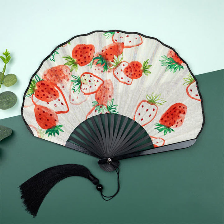 Buddha Stones Bamboo Floral Fruit Print Tassel Folding Fan - Strawberries(Complimentary Tassel) - image 10