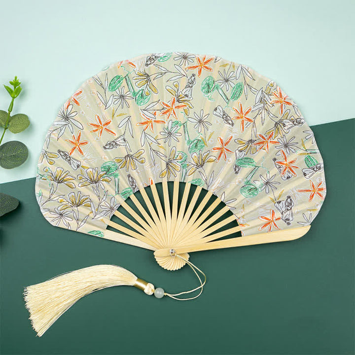 Buddha Stones Bamboo Floral Fruit Print Tassel Folding Fan - Yellow Flowers(Complimentary Tassel) - image 4