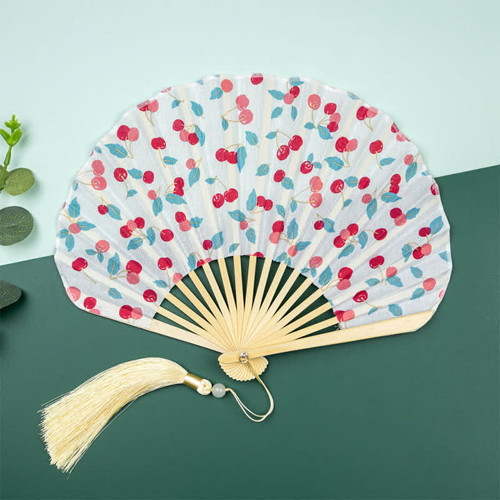Buddha Stones Bamboo Floral Fruit Print Tassel Folding Fan - Cherries(Complimentary Tassel) - image 5