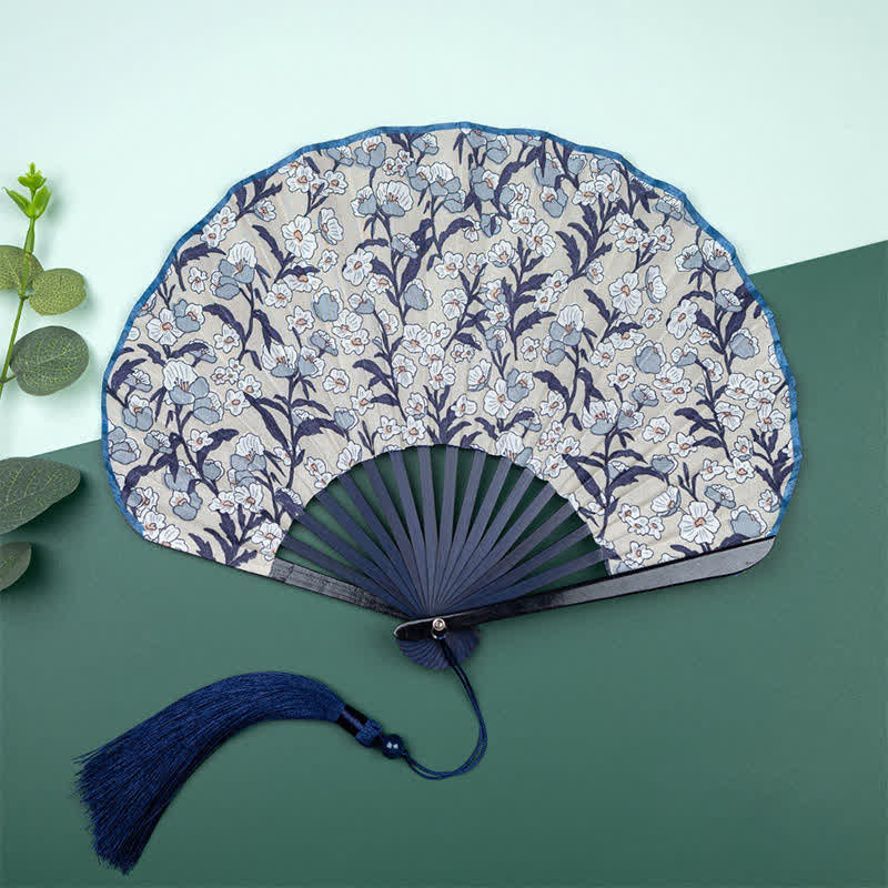 Buddha Stones Bamboo Floral Fruit Print Tassel Folding Fan - Light Blue Flowers(Complimentary Tassel) - image 0