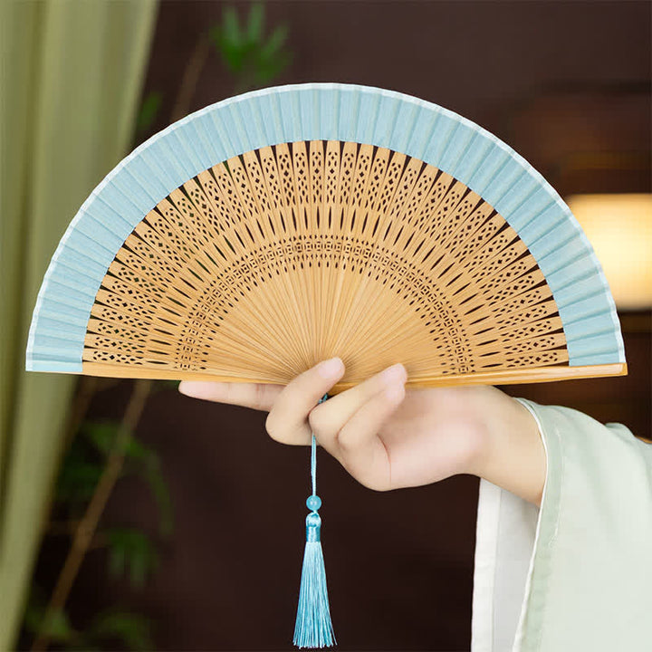 Buddha Stones Inspired Hollow Carved Bamboo Tassel Simple Folding Fan - Light Blue(Complimentary Tassel) - image 5
