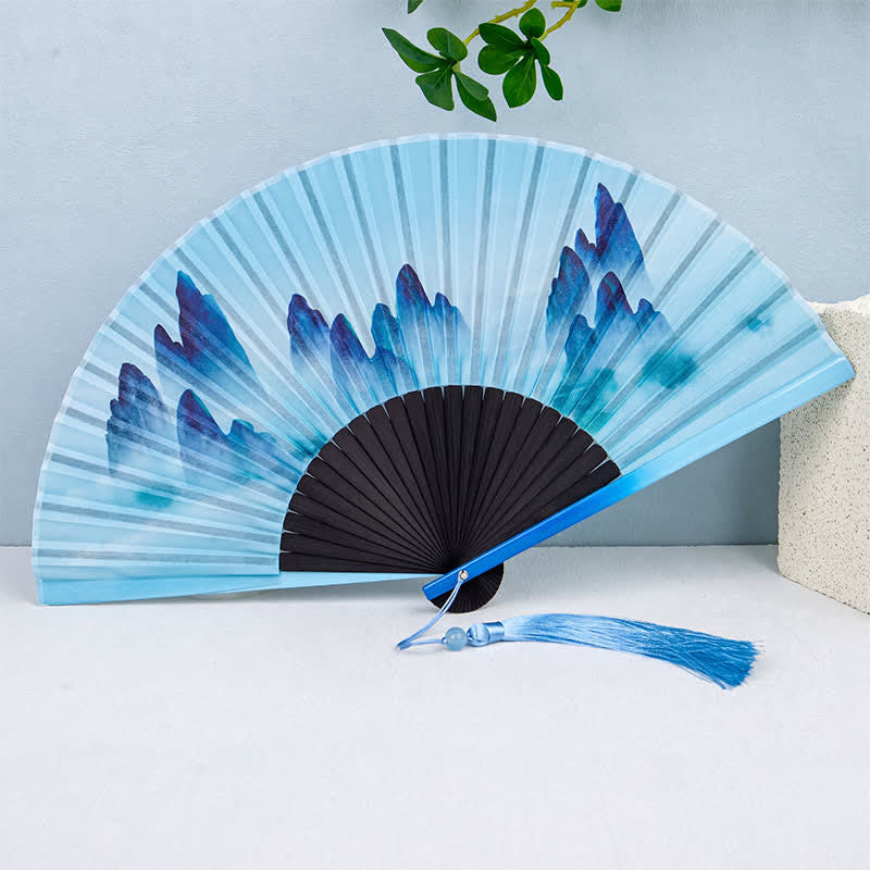 Buddha Stones Bamboo Landscape Ink Painting Folding Fan - Blue - image 11