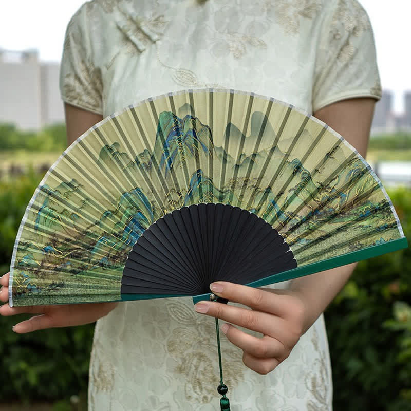Buddha Stones Bamboo Landscape Ink Painting Folding Fan - image 5