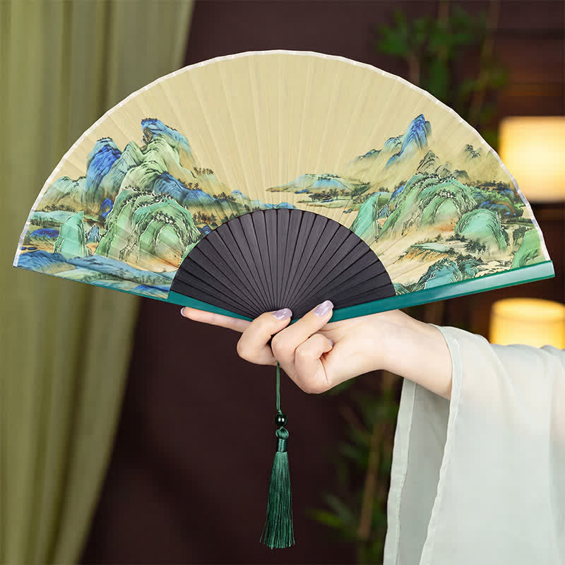 Buddha Stones Bamboo Landscape Ink Painting Folding Fan - Distributed On Both Sides - image 0