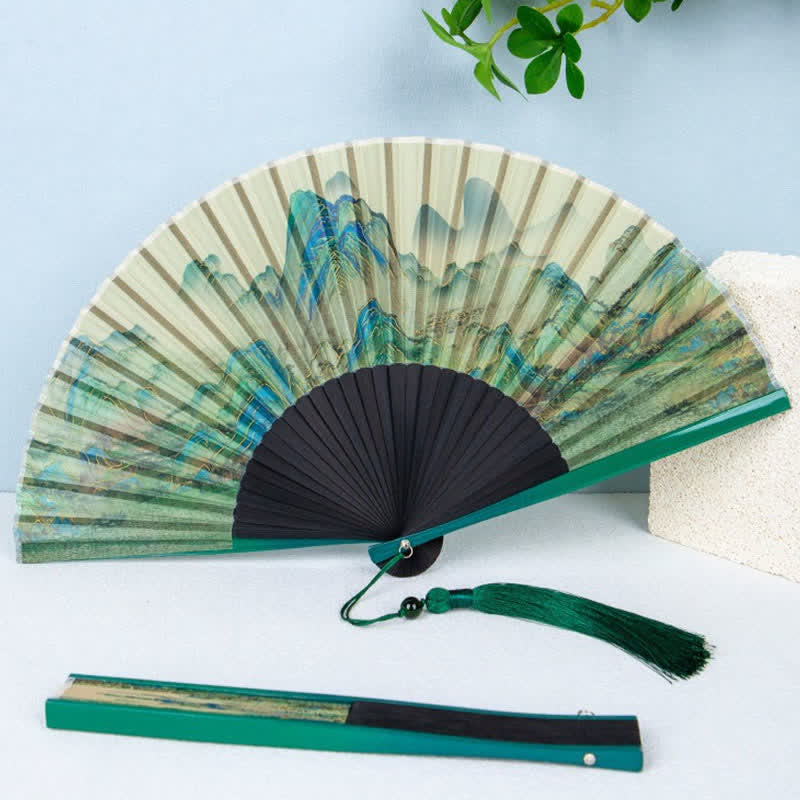 Buddha Stones Bamboo Landscape Ink Painting Folding Fan - Dark - image 1