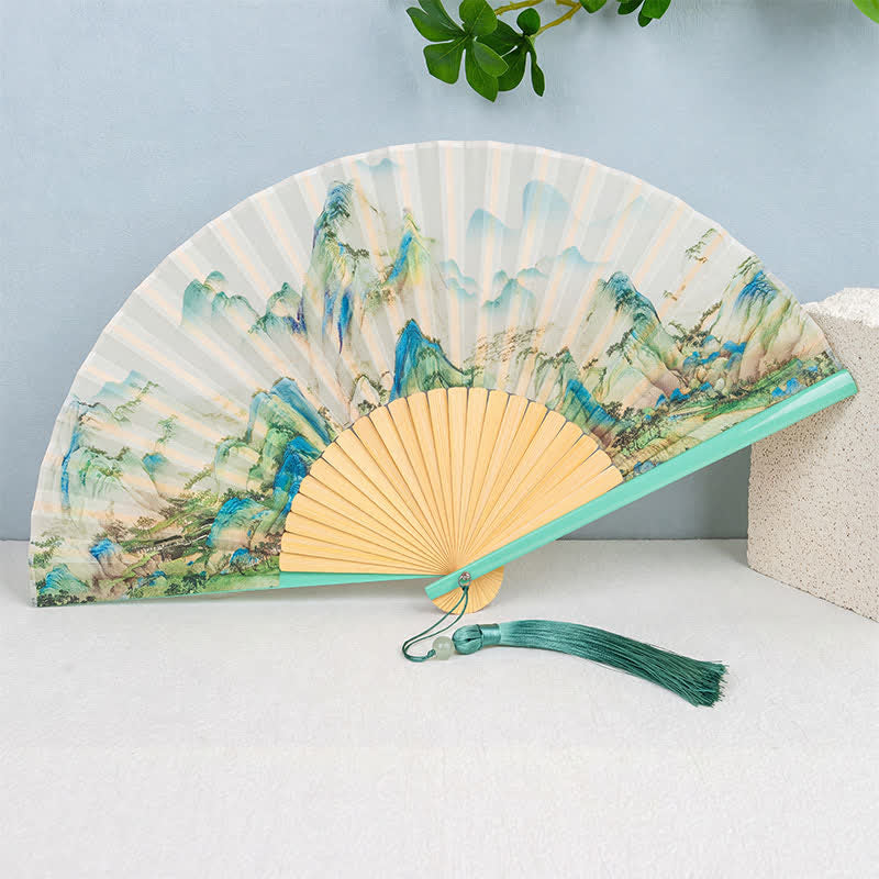 Buddha Stones Bamboo Landscape Ink Painting Folding Fan - Light - image 10