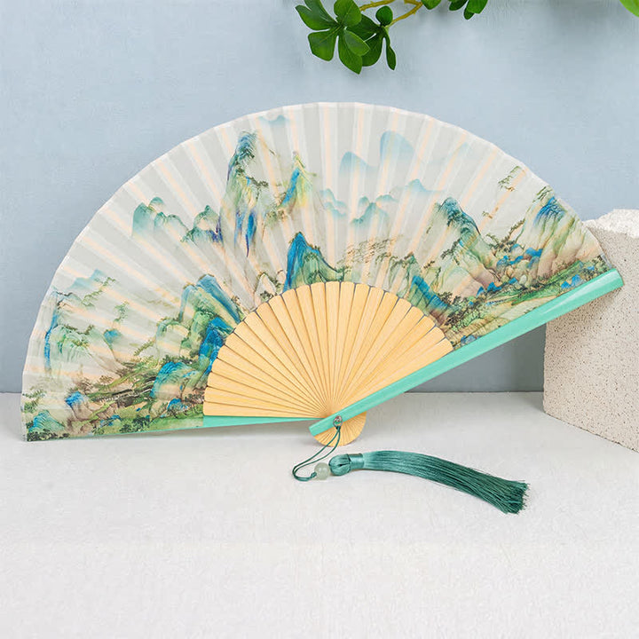 Buddha Stones Bamboo Landscape Ink Painting Folding Fan - Light - image 10